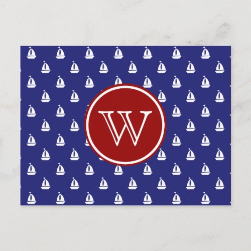 Nautical Sail Away on Blue With Red Monogram Postcard