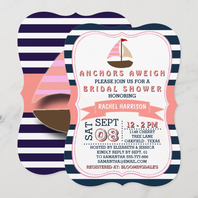 Nautical Sail Boat Beach Bridal Shower Invitations (Front/Back)