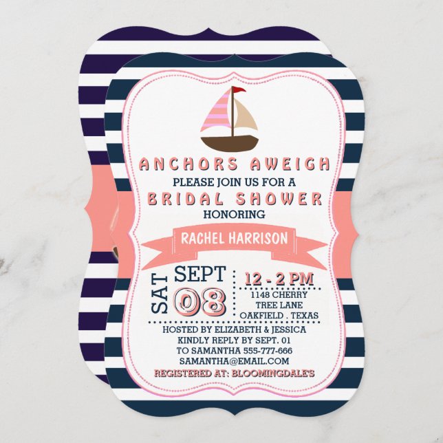 Nautical Sail Boat Beach Bridal Shower Invitations (Front/Back)