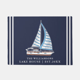 Nautical Sail Boat Navy Blue Custom Lake House  Doormat