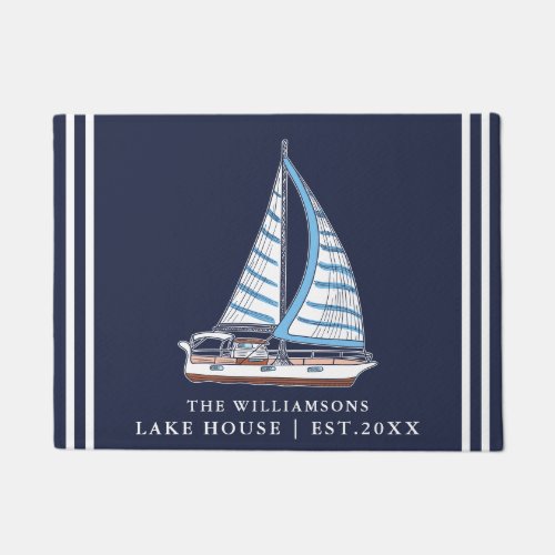 Nautical Sail Boat Navy Blue Custom Lake House  Doormat