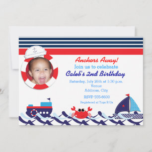 Nautical Sail Boat Navy Stripe Photo Invitation