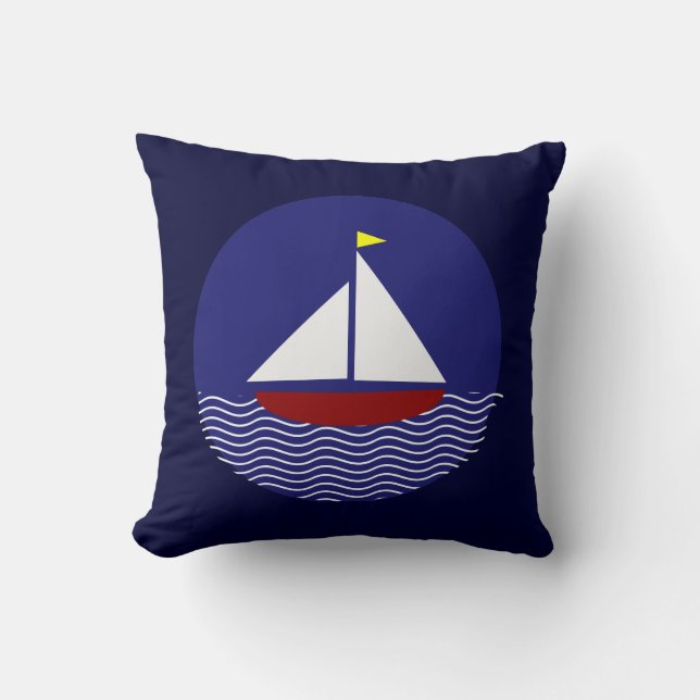 Nautical Sail Boat Red and Blue Throw Pillow (Front)