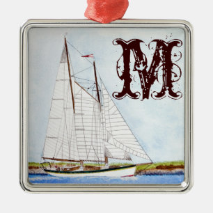 Nautical Sail Boat Sea Monogram Initial Ornament