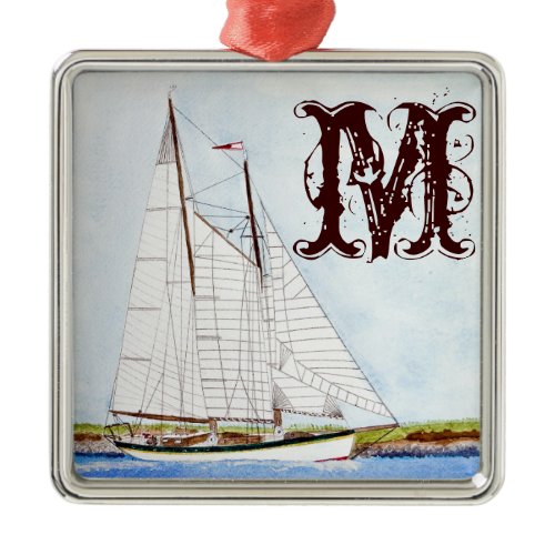 Nautical Sail Boat Sea Monogram Initial Ornament