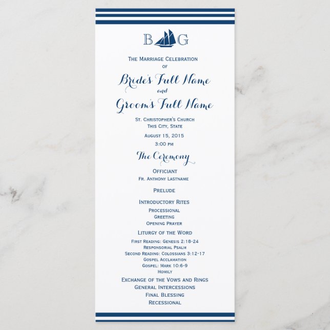 Nautical Sail Boat Wedding Program (Front)