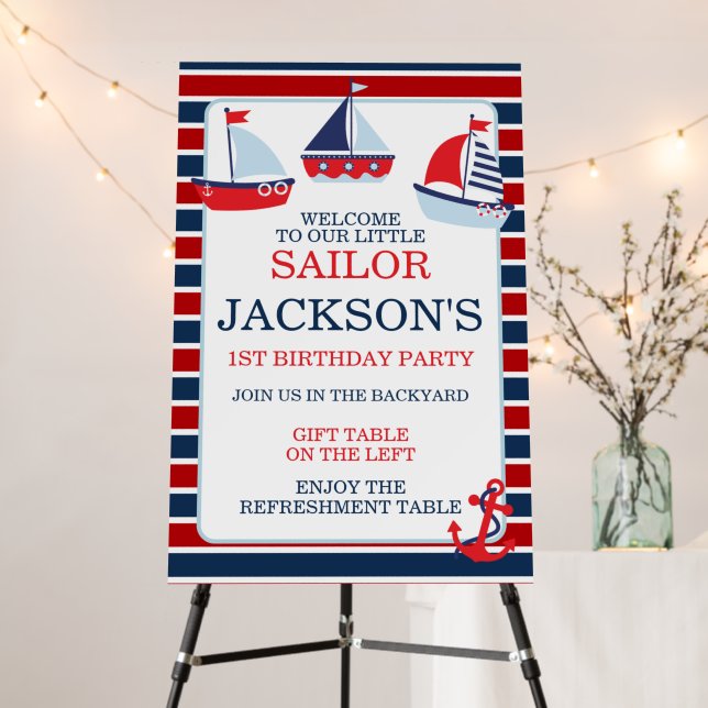 Nautical Sail Boats 1st Birthday Welcome Sign (In Situ (Stand))