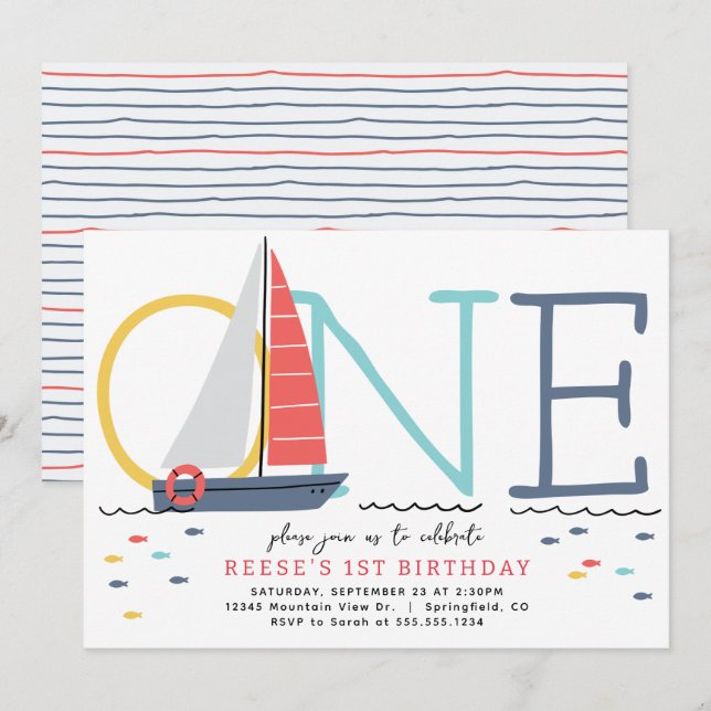 Nautical Sailboat 1st Birthday Invitation (Front/Back)