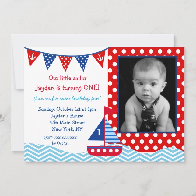 Nautical Sailboat 1st Birthday party Invitation (Front)