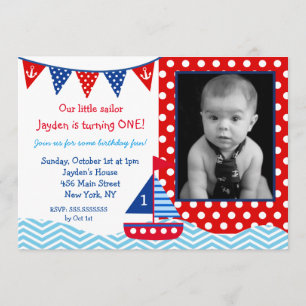 Nautical Sailboat 1st Birthday party Invitation