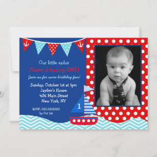 Nautical Sailboat 1st Birthday Party Invitation