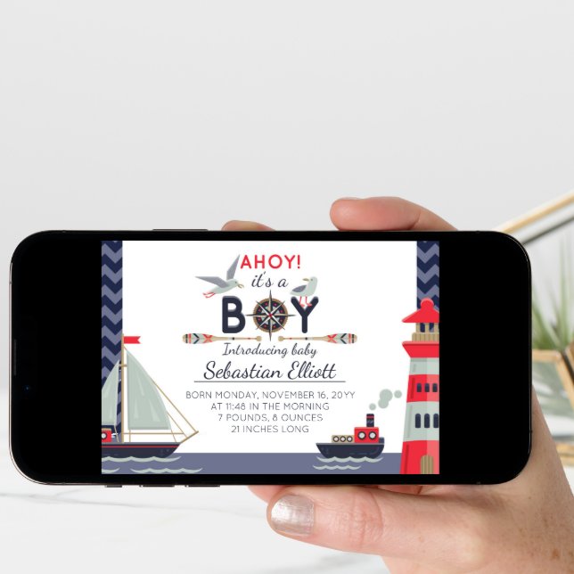 Nautical Sailboat Ahoy Baby Boy Birth Announcement (Front Digital)