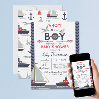 Nautical Sailboat Ahoy Baby Boy Shower Invitation