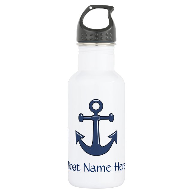 Nautical Sailboat Anchor Blue Custom Boat Name Water Bottle (Front)