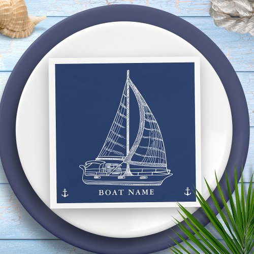 Nautical Sailboat Anchor Navy Blue White Boat Name Napkins
