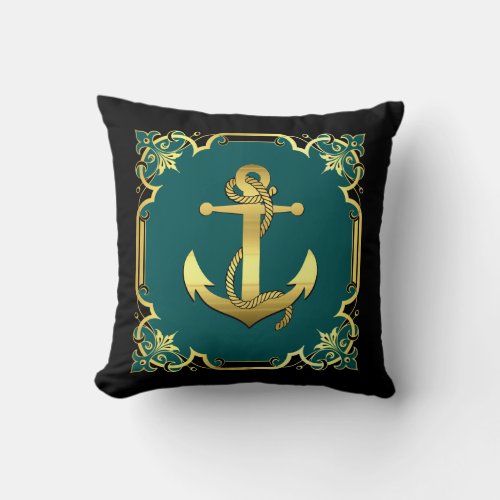 Nautical sailboat anchor silhouettegoldaquablk throw pillow