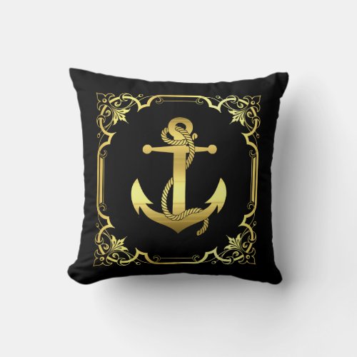 Nautical sailboat anchor silhouettegoldblack throw pillow