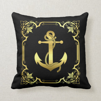 Nautical sailboat anchor silhouette/gold/black throw pillow