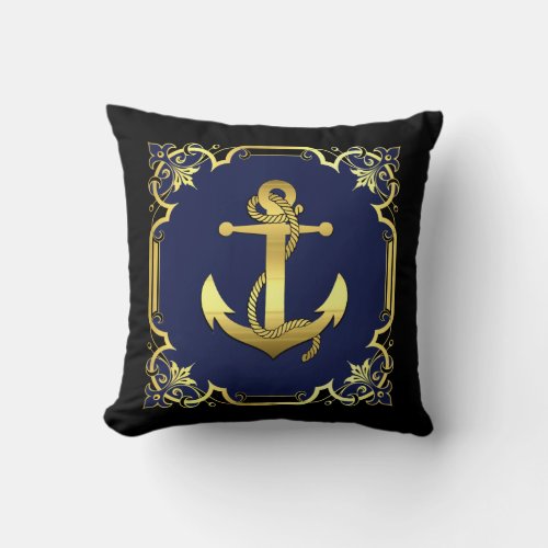 Nautical sailboat anchor silhouettegoldnavyblk throw pillow