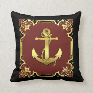 Nautical sailboat anchor silhouette/gold/red/black throw pillow
