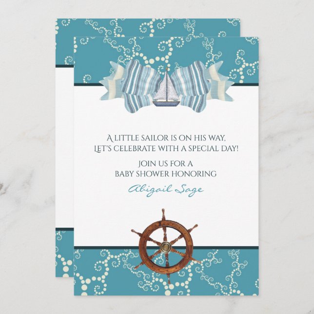 Nautical Sailboat and Boat Wheel Baby Shower Invitation (Front/Back)