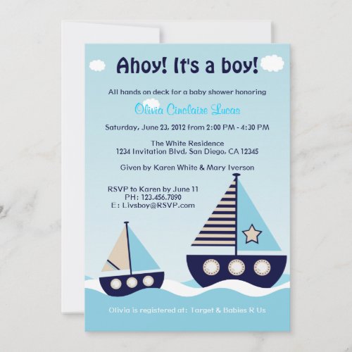Nautical Sailboat Baby Boy Baby Shower Invitation