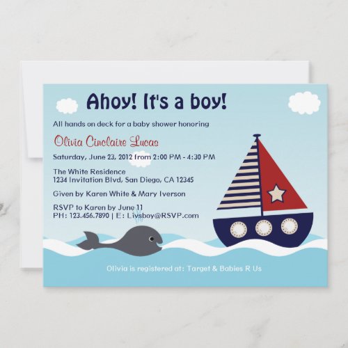 Nautical Sailboat Baby Boy Baby Shower Invitation