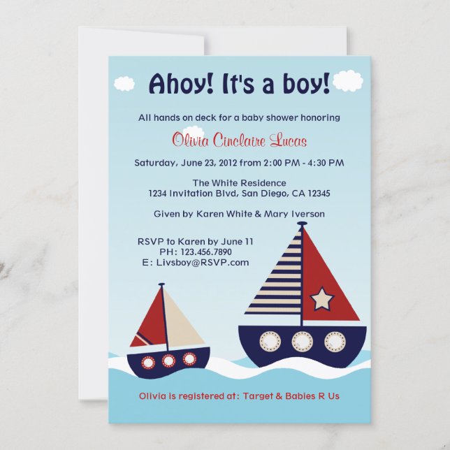Nautical Sailboat Baby Boy Baby Shower Invitation (Front)