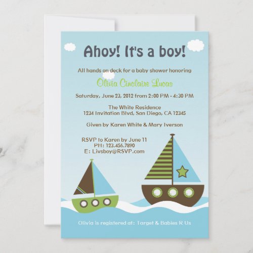 Nautical Sailboat Baby Boy Baby Shower Invitation