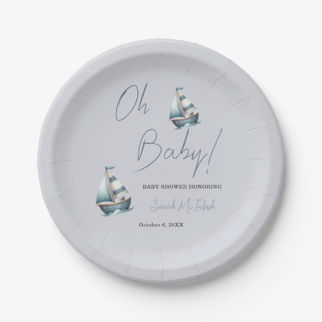 Nautical Sailboat Baby Shower Invitation Paper Plates (Front)