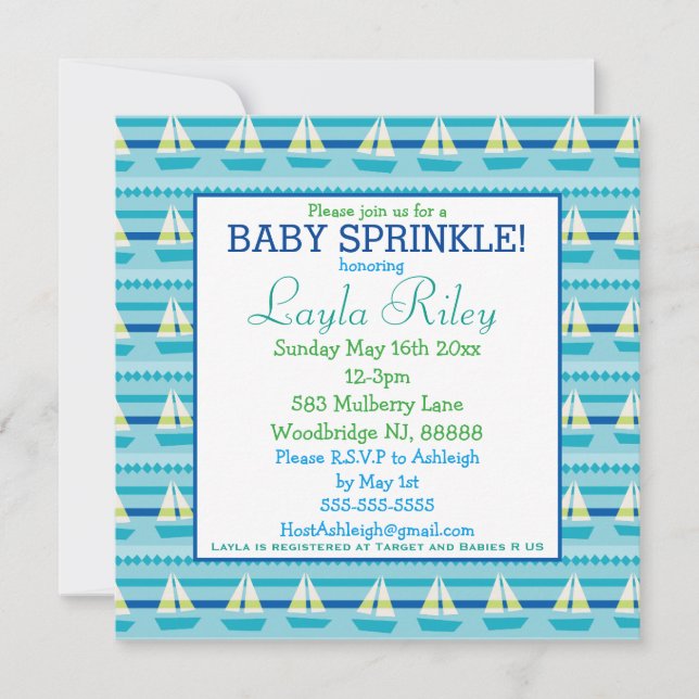 Nautical Sailboat Baby Sprinkle Invitation (Front)