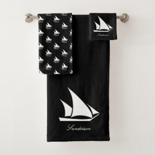 Nautical Sailboat Bathroom black and white  Bath T Towel Set