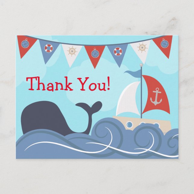 Nautical Sailboat Beach Ocean Whale Thank You Postcard (Front)