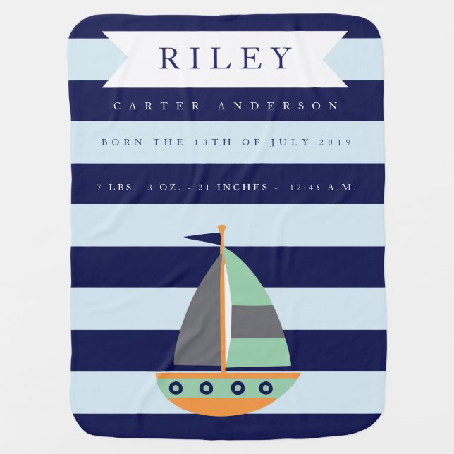 Nautical Sailboat Birth Stats Baby Blanket (Front)