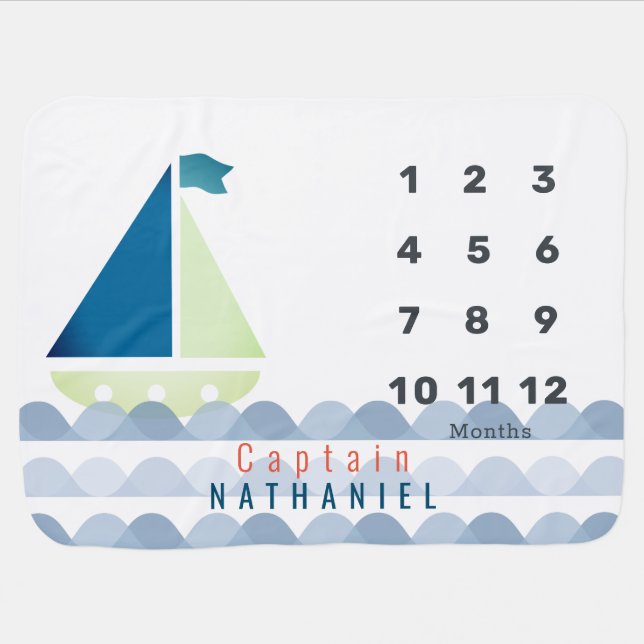 Nautical Sailboat Blue Boy Monthly Milestone Baby Blanket (Horizontal)