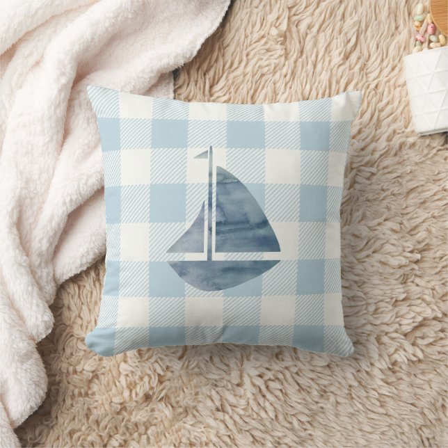 Nautical Sailboat Blue Gingham Check Throw Pillow (Blanket)