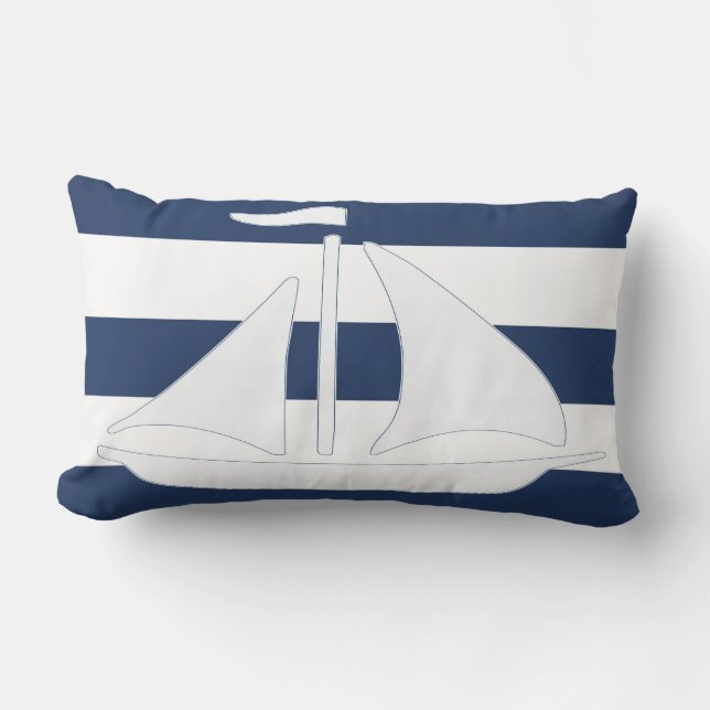 Nautical Sailboat Blue Stripe Lumbar Pillow (Front)