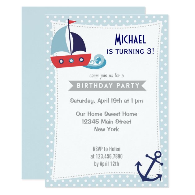 Nautical Sailboat Boy Birthday Invitation Blue