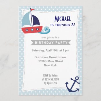 Nautical Sailboat Boy Birthday Invitation Blue by melanileestyle at Zazzle