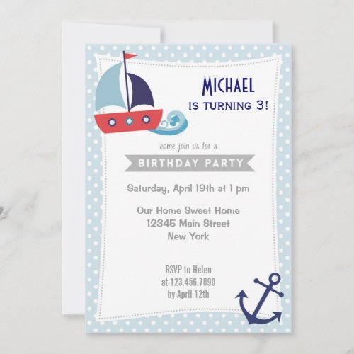 Nautical Sailboat Boy Birthday Invitation Blue