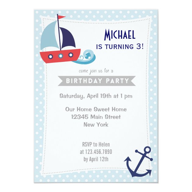 Nautical Sailboat Boy Birthday Invitation Blue