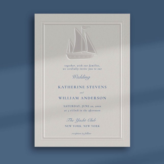 Nautical Sailboat Coastal Modern Classic Wedding Invitation (nautical beach boat yacht coastal ocean wedding invitation faux embossed pearl frame classic)