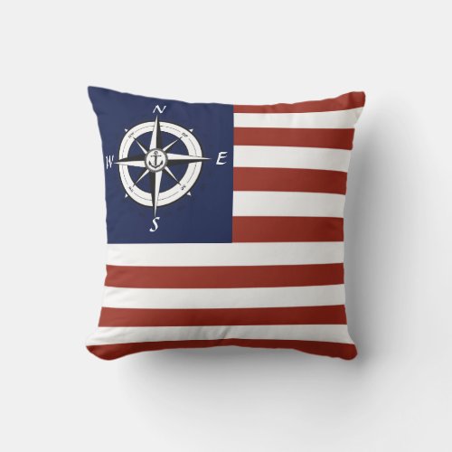 Nautical sailboat compassAmerican flag stripe   Throw Pillow