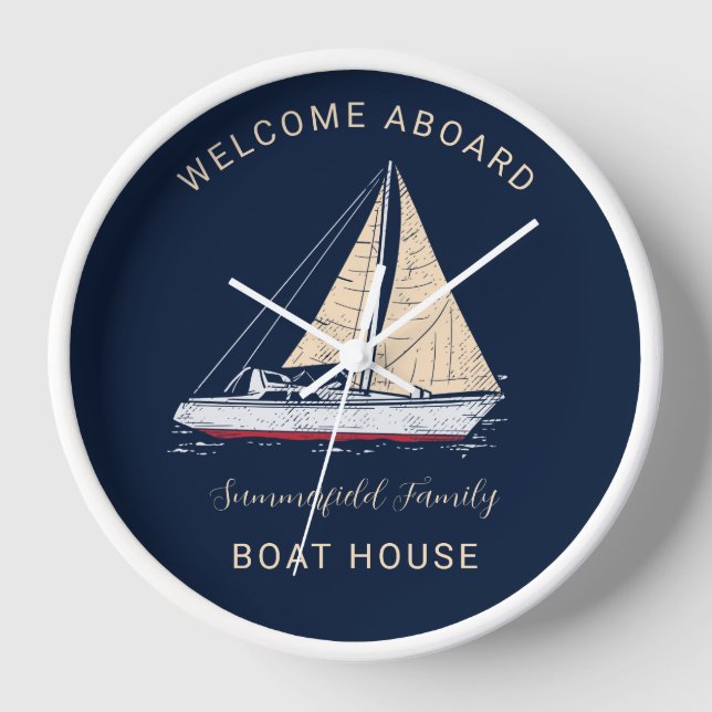 Nautical Sailboat Family Vacation Beach House Clock (Front)