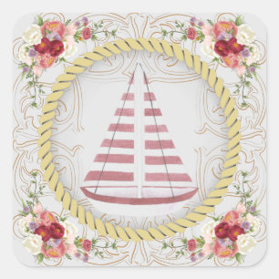 Nautical Sailboat & Floral Roseate Square Sticker