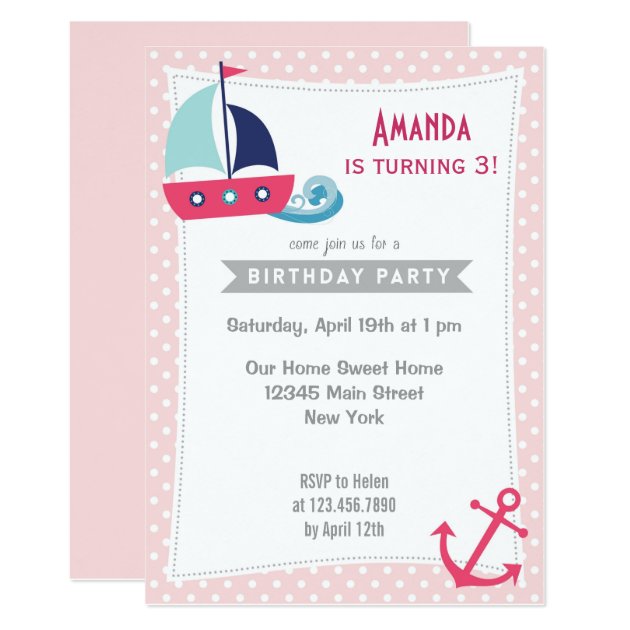 Nautical Sailboat Girl Birthday Invitation Pink