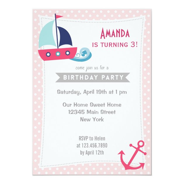 Nautical Sailboat Girl Birthday Invitation Pink