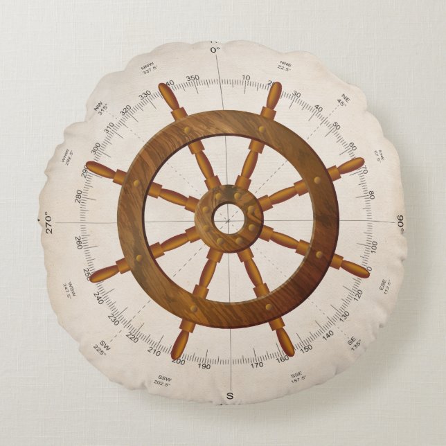 Nautical Sailboat Helm with Compass Round Pillow (Front)