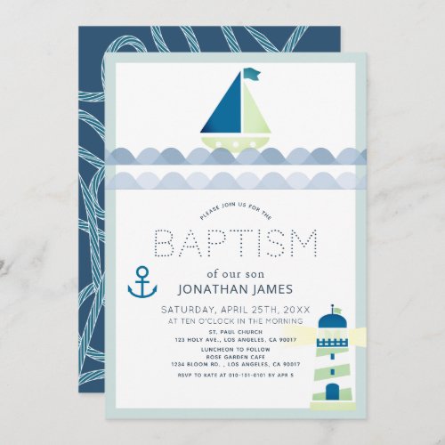 Nautical Sailboat  Lighthouse Blue Boy Baptism Invitation