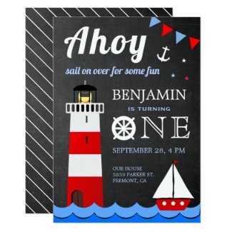 Nautical Sailboat Lighthouse First Birthday Party Invitation